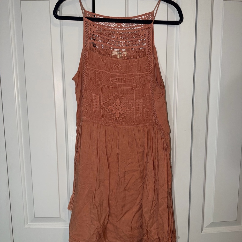 Entro Terracotta High Neck Lace Detail Mini Dress, Size L